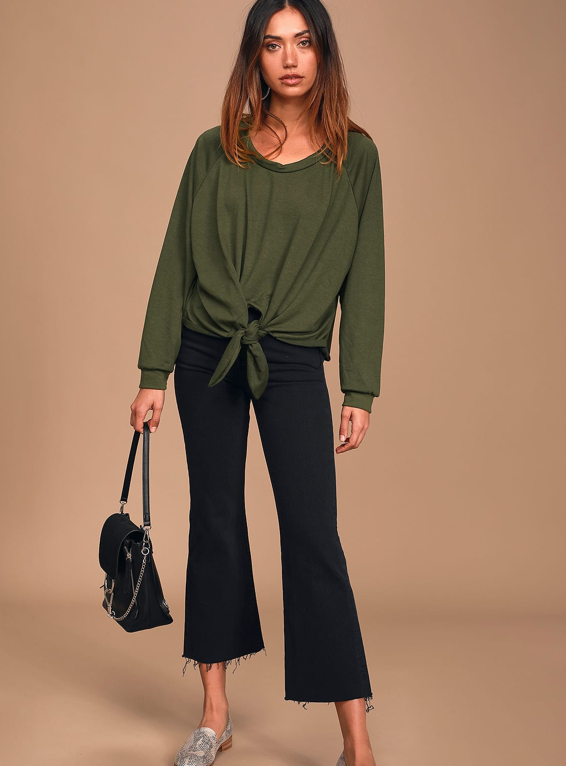 Olive Green Pullover Tie-Front Sweatshirt