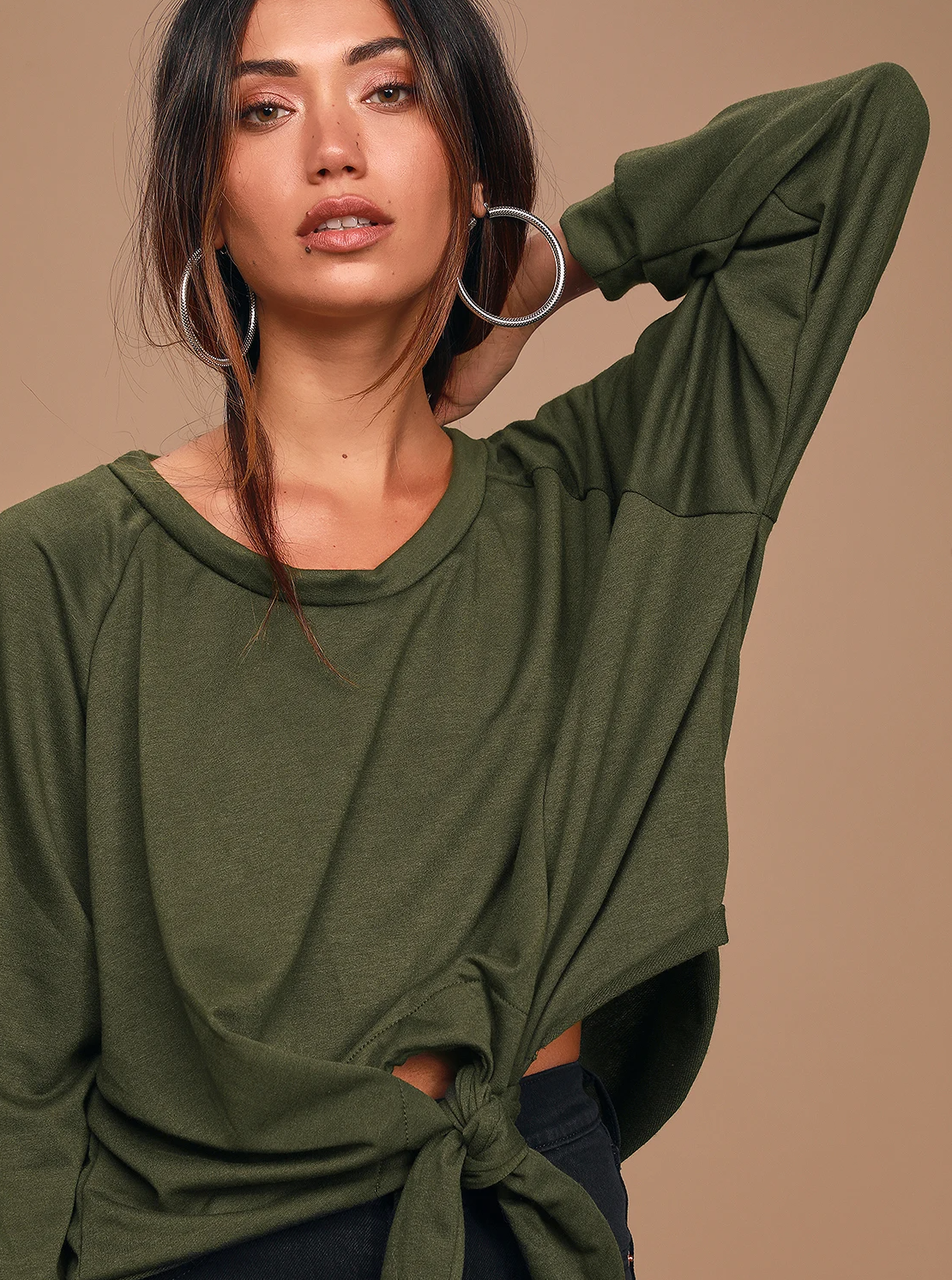 Olive Green Pullover Tie-Front Sweatshirt