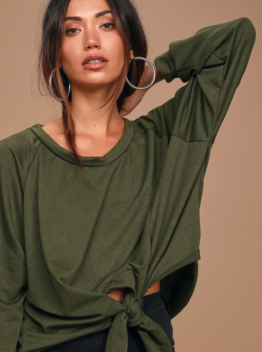 Olive Green Pullover Tie-Front Sweatshirt