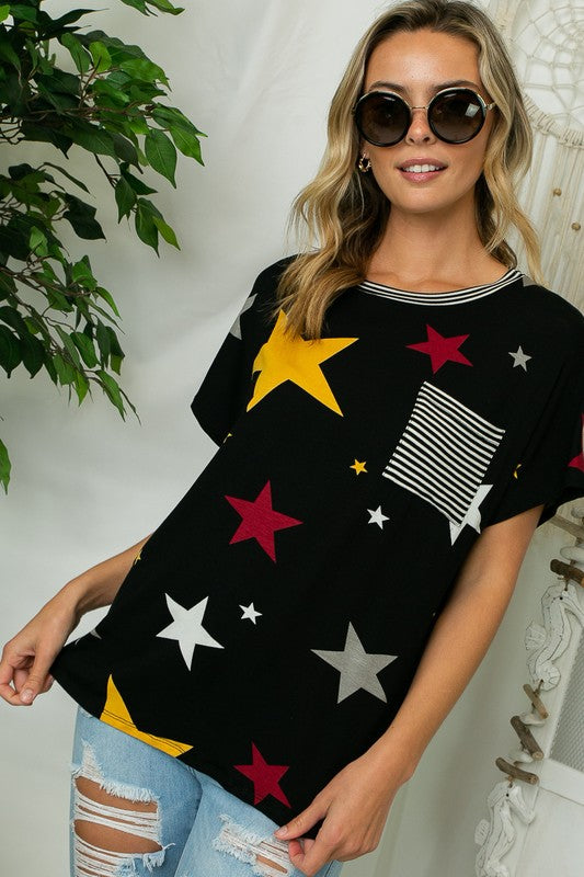 STAR PRINT STRIPE JERSEY POCKET TOP