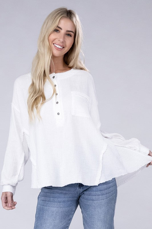 Double Gauze Oversized 3/4 Button Henley Neck Top