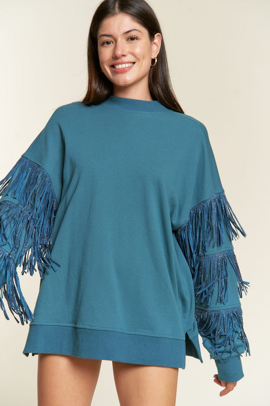 Silver studded fringe sleeve top PLUS