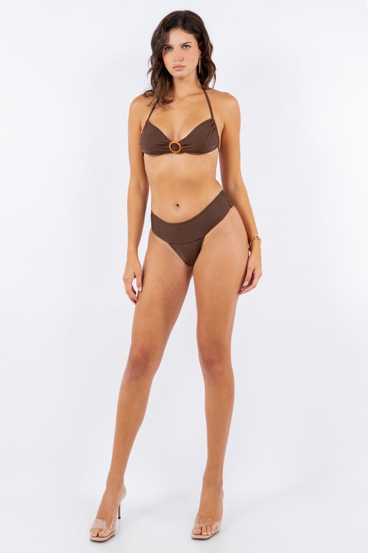 TWO PIECE HALTER WITH ROUND WOODEN ORNAMENT BIKINI