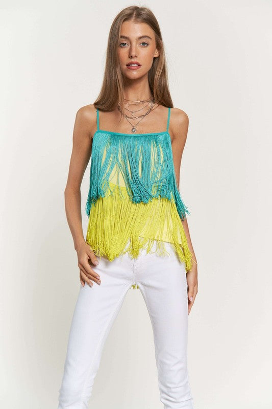 Fringe Overlay Cross Straps Party Cami Top