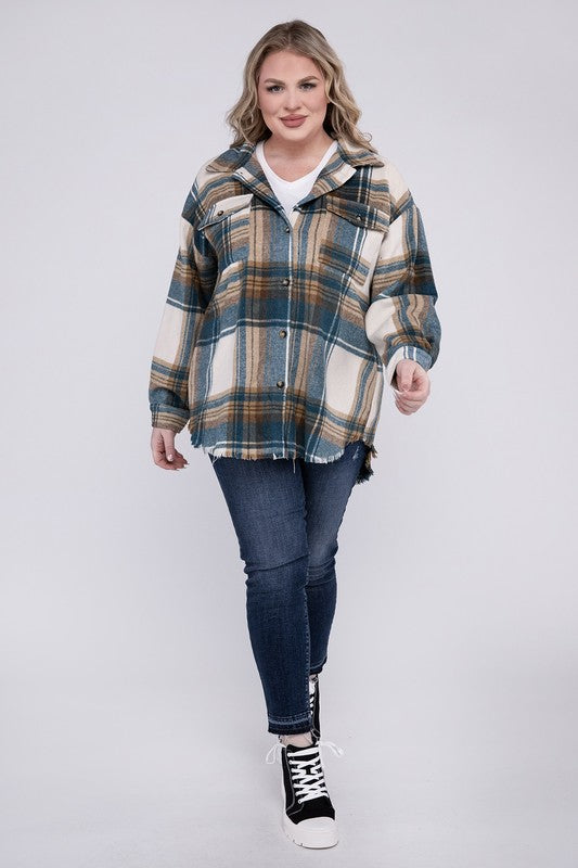 Plus Size Yarn Dyed Plaid Shirt Jacket