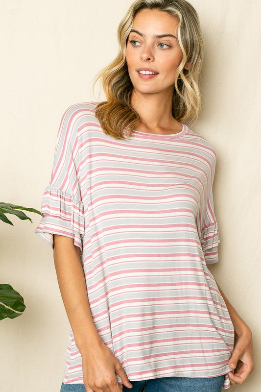 PLUS STRIPE RUFFLE SLEEVE TOP