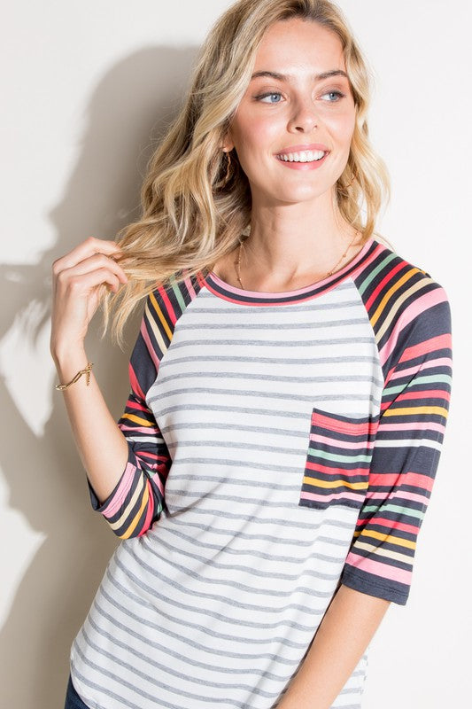 PLUS MULTI STRIPE MIXED POCKET TOP