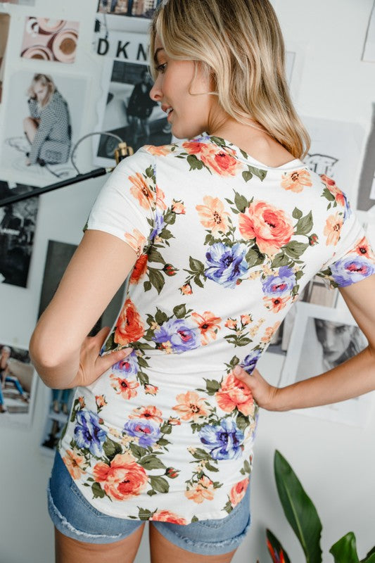 FLORAL PRINT JERSEY ROUND NECK TOP