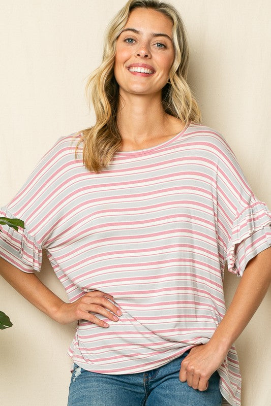 PLUS STRIPE RUFFLE SLEEVE TOP