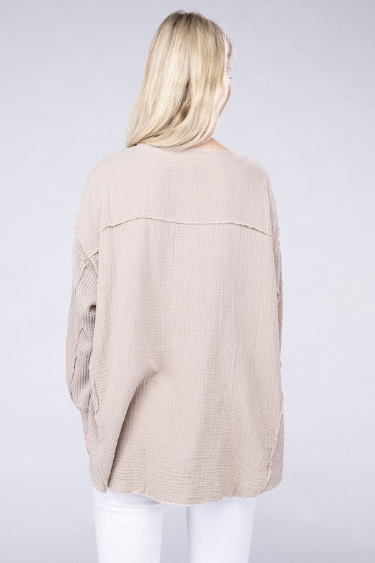 Double Gauze Oversized 3/4 Button Henley Neck Top