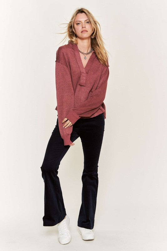 Deep V-neck Collared Longsleeve Knit Top