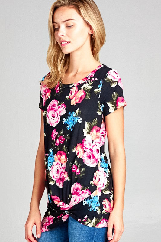 FLORAL PRINT TWIST BOTTOM TUNIC TOP