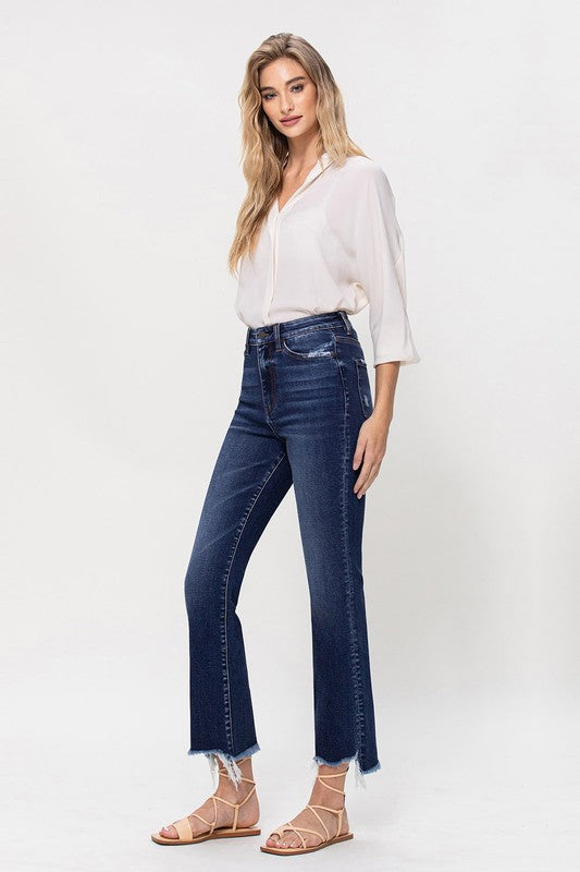 High Rise Distressed Hem Kick Flare Jeans