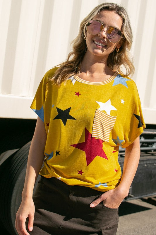 PLUS STAR STRIPE JERSEY POCKET TOP