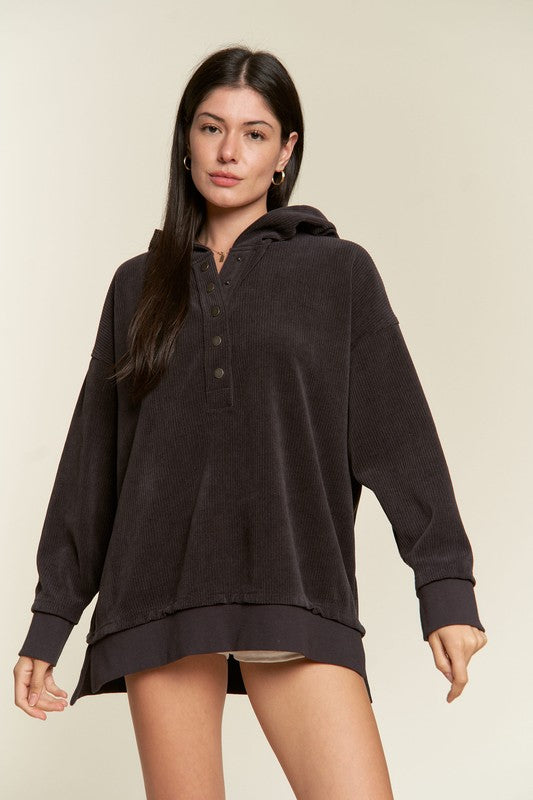 PLUS Long Slv Buton Down Ribbed Hooded Sweatshirt