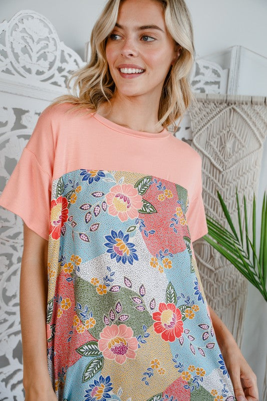 PLUS SOLID FLORAL MIXED BOXY TOP