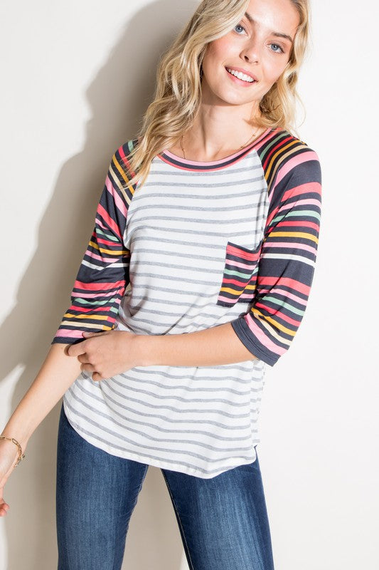 PLUS MULTI STRIPE MIXED POCKET TOP