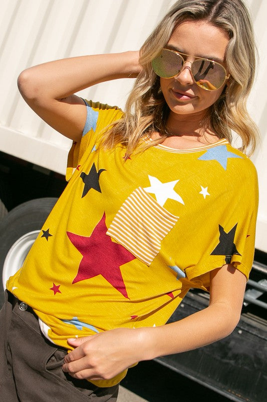 STAR PRINT STRIPE JERSEY POCKET TOP