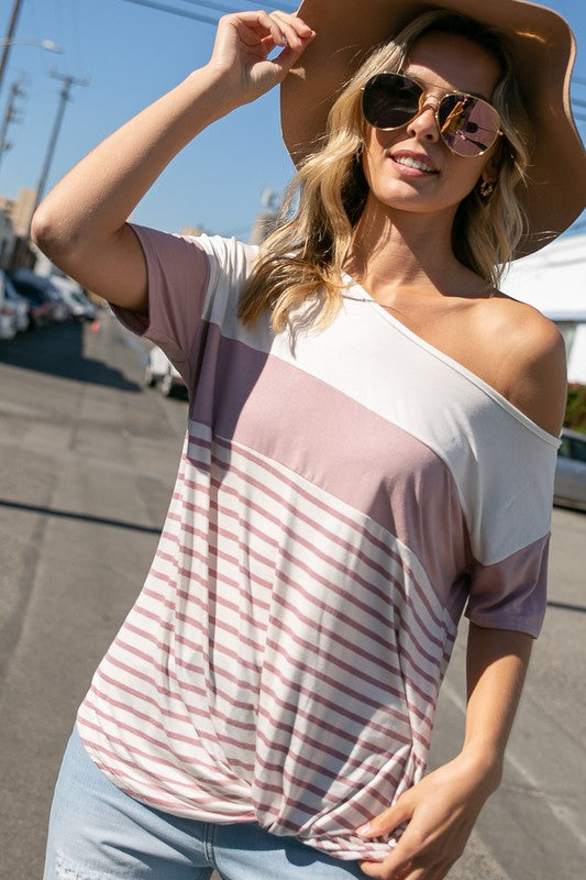 SOLID STRIPE MIX ONE SHOULDER TOP