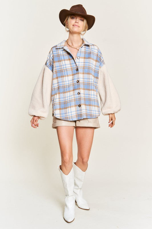 Multi plaid fuzzy sleeve jacket