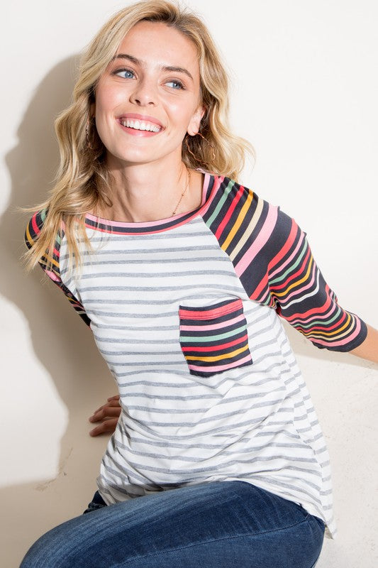 PLUS MULTI STRIPE MIXED POCKET TOP