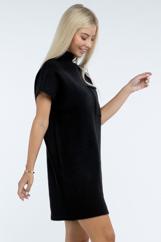 Mock Neck Short Sleeve Sweater Dress with Pocket