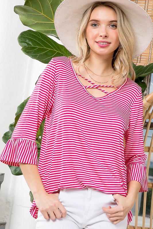 STRIPE LACE UP NECK BASIC TOP