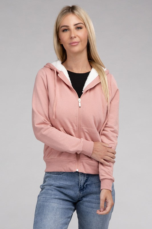 Fuzzy Trim Zip-Up Crop Hoodie