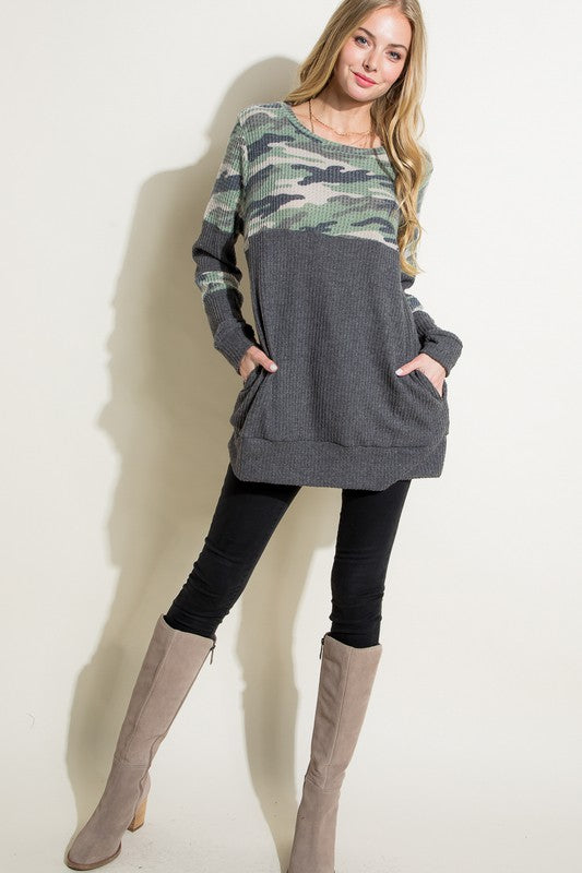 COZY CAMOUFLAGE SOLID MIX TUNIC TOP