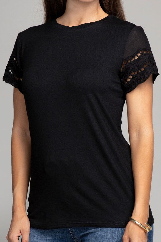 Embroidered eyelet sleeve tee