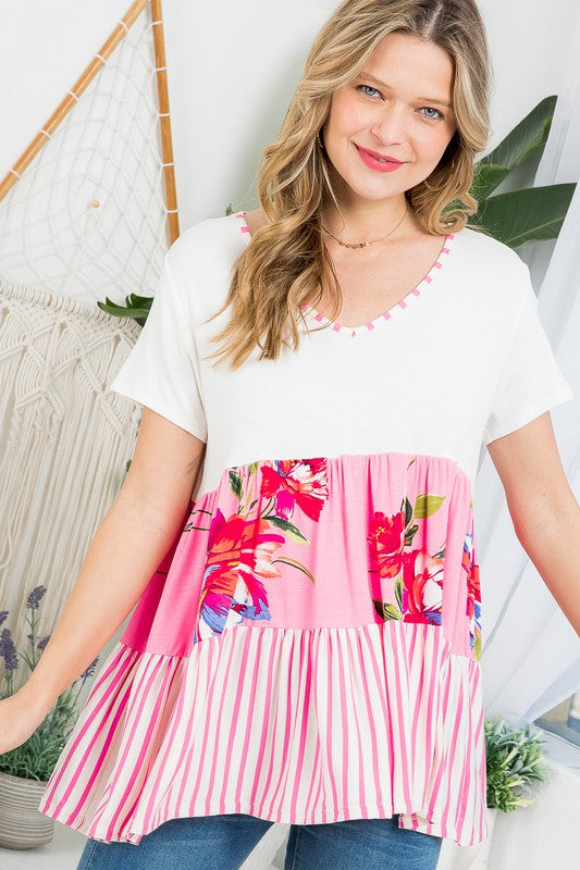 FLORAL MIXED COLORBLOCK TIERED TOP