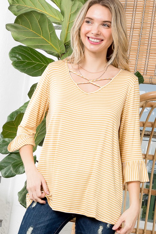 STRIPE LACE UP NECK BASIC TOP