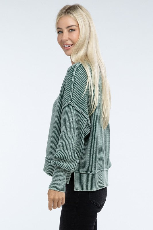 Washed Side Slit Oversized Cropped Sweater